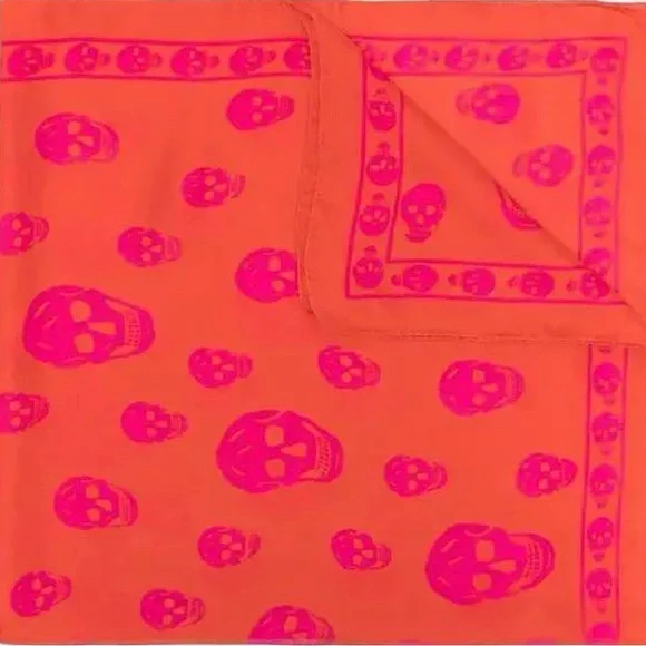 Authentic NEW Alexander McQueen Skull Motif Silk Scarf Bright Orange & Pink - Picture 3 of 9